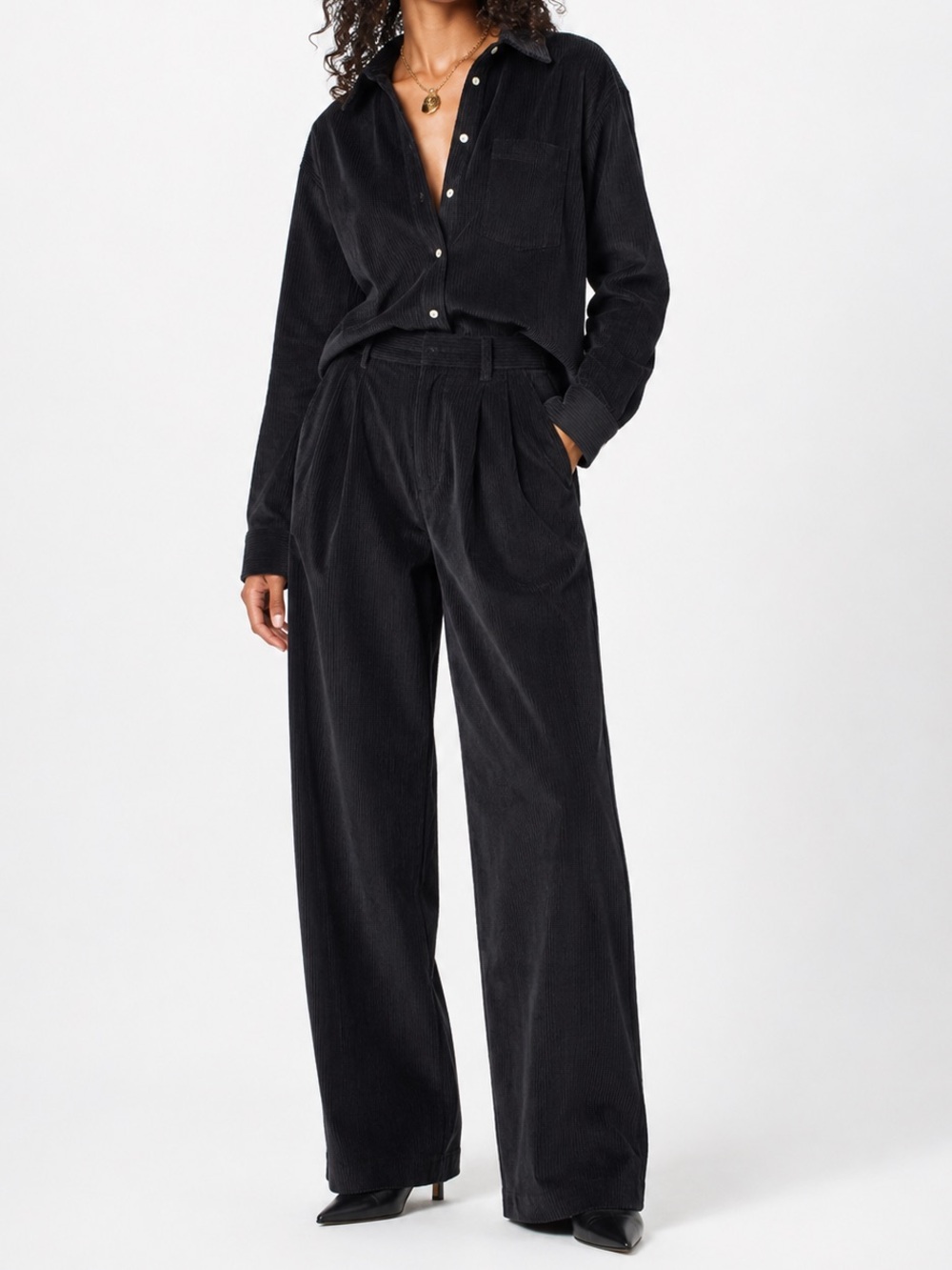 DONNI Corduroy Matching Set - Long Sleeve Shirt - Pleated Pants - Black - L / XL